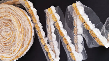 White Net Lace With Off White Sequins and Gold Beads, Scallop Trim, Exclusive Laces